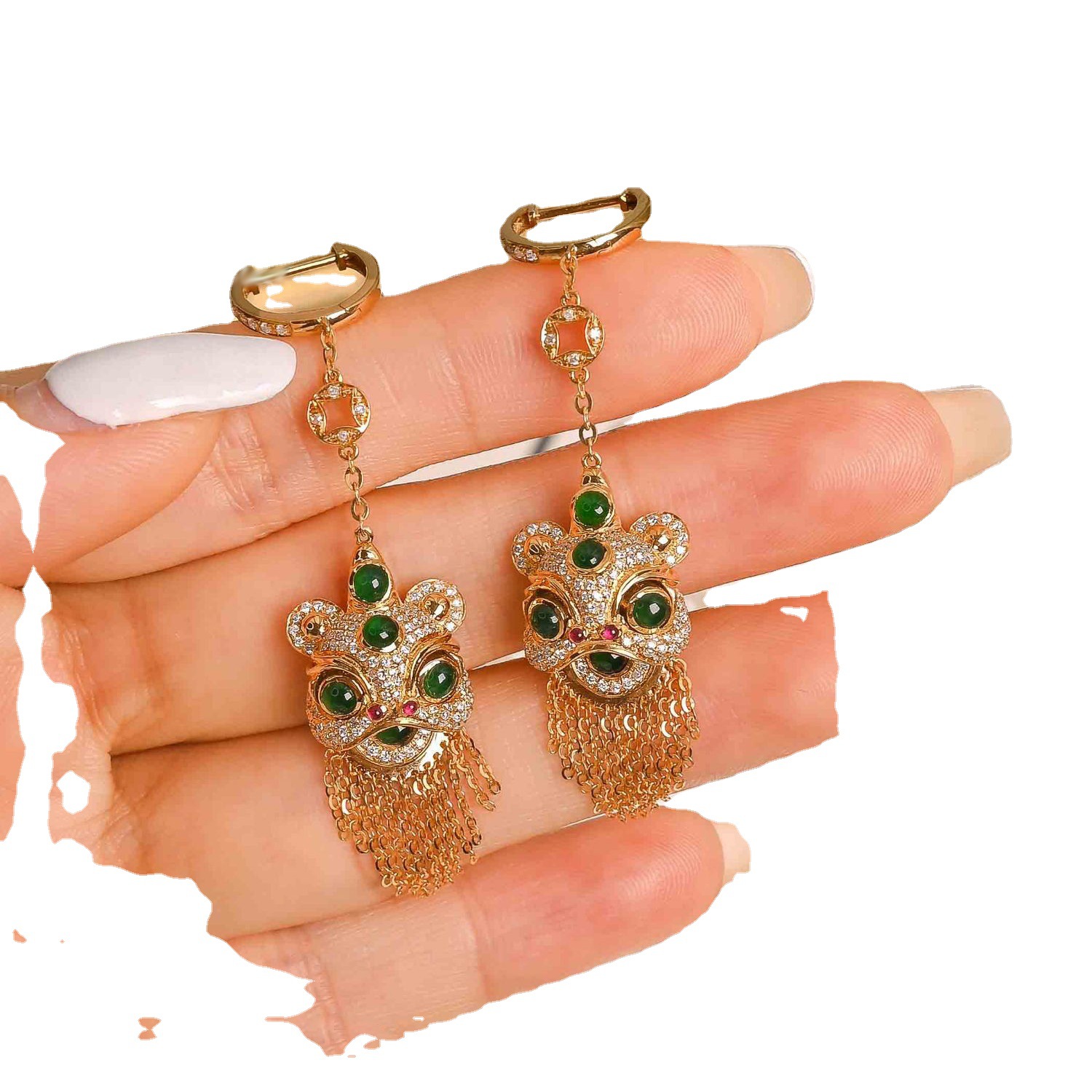 Estilo chino retro imitación Jasper León collar nuevo Esmeralda colgante anillo abierto borla pendientes traje