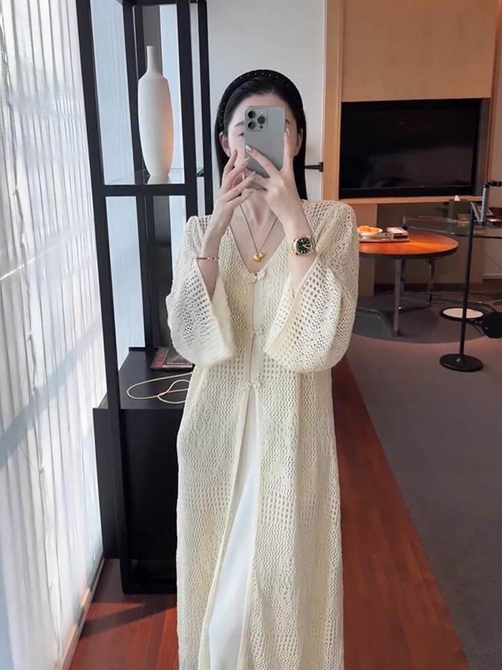 Áo cardigan dệt kim dáng dài nữ thiết kế khoét lỗ, cổ chữ V, tay dài, phong cách thanh lịch — Màu be 【Nâng cấp chất liệu vải cao cấp】 chi tiết 9
