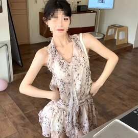 官图实价 法式设计感豹纹挂脖荷叶边上衣女夏重工绑带背心雪纺衫