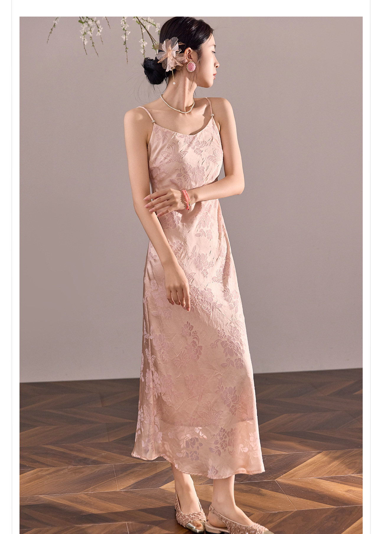 Đầm maxi nữ quốc phong dây mảnh chữ A dáng dài thắt eo — màu đen chi tiết 11