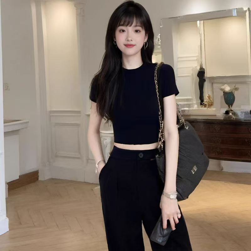 露脐短款T恤女2025夏季新款修身短袖显瘦百搭上衣打底衫性感|undefined