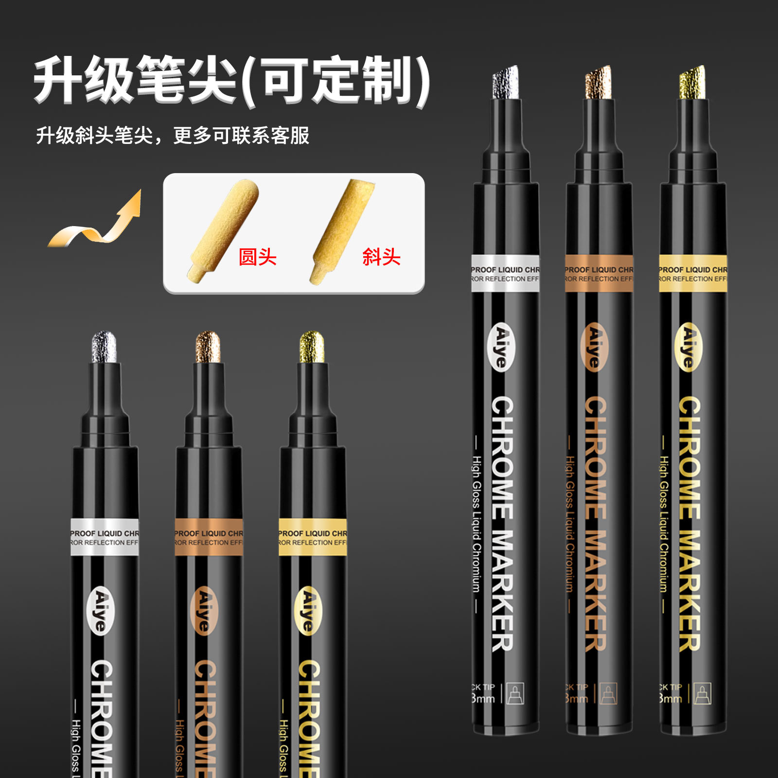 Aiya Golden Pen Pintura reflectante Pen metálico Cromado Marcador plateado Modelo de firma líquida Bolígrafo de galvanoplastia de alto brillo