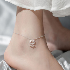 Japanese and Korean style silver longevity lock anklet, women's simple and personalized tassel bell anklet, temperament internet celebrity foot accessories wholesale