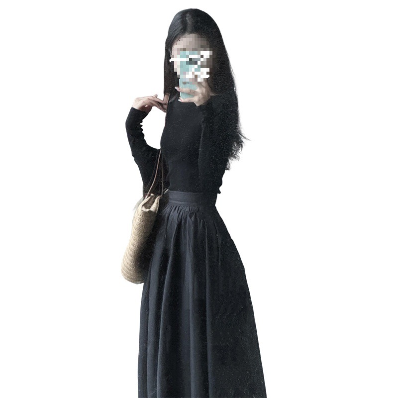 (2개) 프랑스 디자인 센스 블랙 긴팔 니트 원피스 여성의 가을과 겨울 2025 새로운 가을 허리 긴 스커트 세트