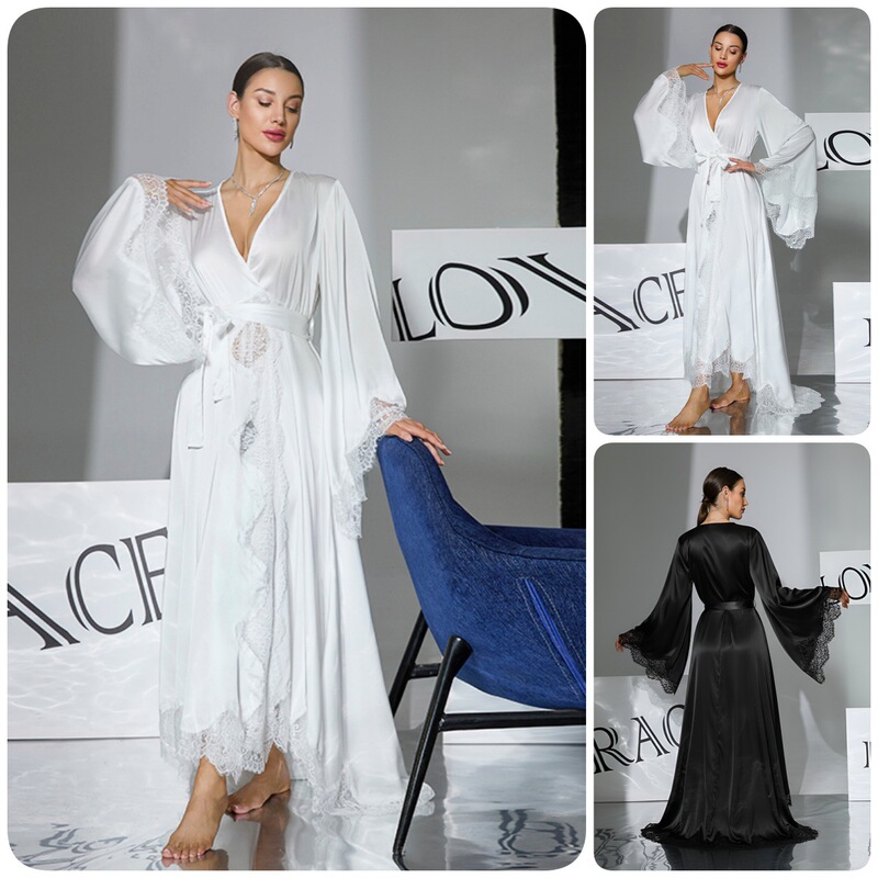 Amazon European and American Style Large Bell-Sleeve Lace Patchwork Satin Nightgown Long Lace-Up V-Neck Multi-Color Women's Robe 941