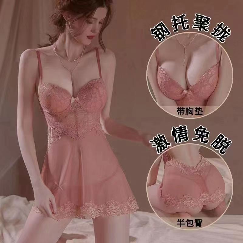Pajamas with chest pad small chest push up careful machine pure desire wind 2023 new summer thin lace leak top support