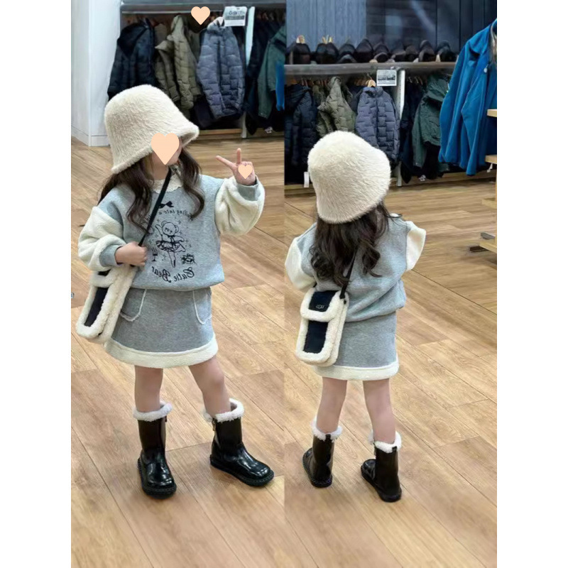 Girls' Suit Autumn and Winter New Style Lace Collar Fleece-Lined Sweatshirt + Skirt 2-Piece Set for Small and Medium-Sized Children Drop Shipping