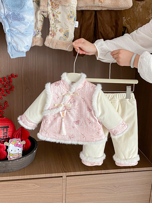 女童秋冬套装宝宝中式加绒外套百天抓周岁宴礼服婴幼儿分体两件套|undefined