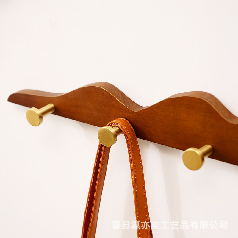 Solid Wood Clothes Hook, No-Drill Brass Long Row Hook for Fitting Room, Wardrobe, Entryway, Coat and Hat Door, Wall-Mounted Rack