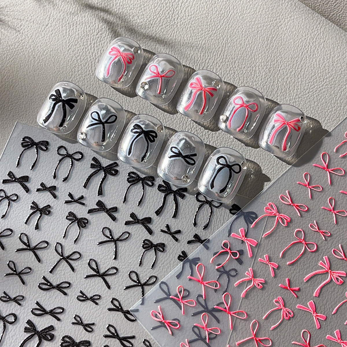 간단한 나비 매듭 네일 아트 스티커, 슈퍼 귀여운 양각 소녀 핑크 나비 넥타이, 접착제가 있는 네일 아트 액세서리