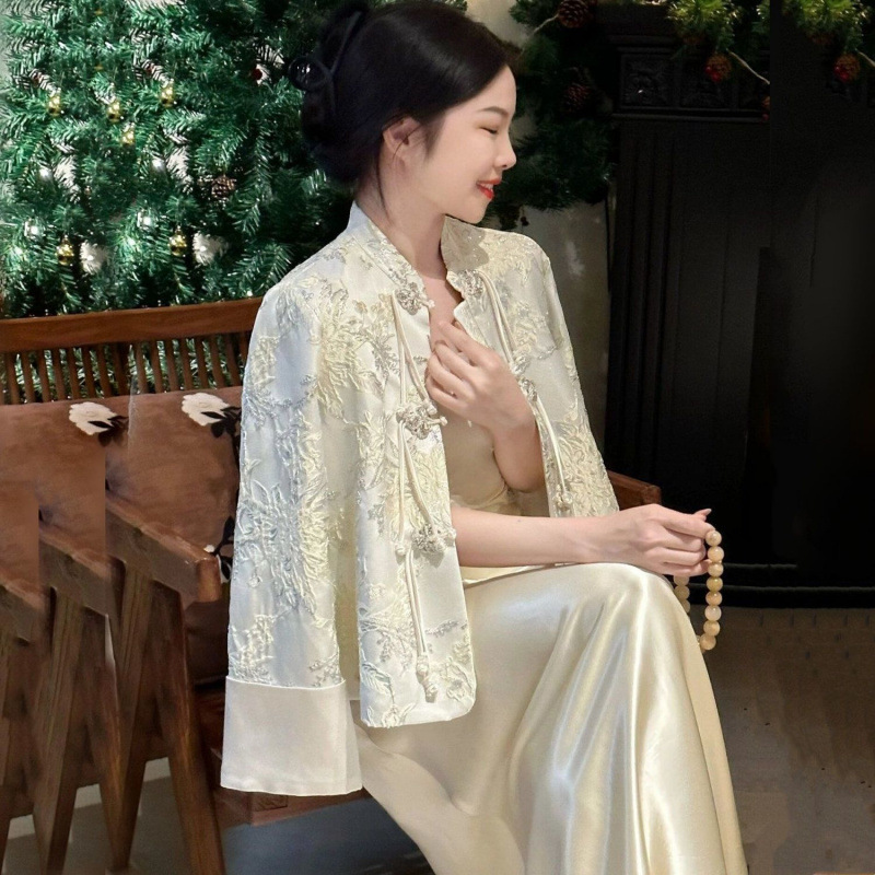 大码胖新中式国风唐装女轻奢高级感盘扣外套缎面裙两件套200斤|undefined