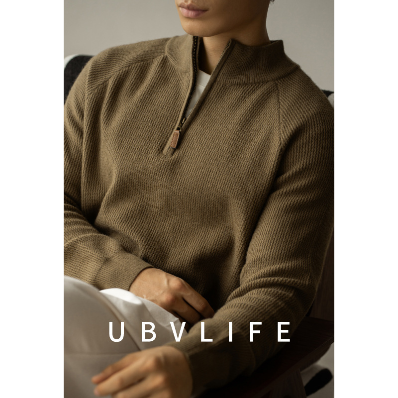 14-Gauge Textured Machine-Washable Merino Wool Knitwear for Men, 2026 Spring New Style, Warm Half-Turtleneck Zip-Up Sweater