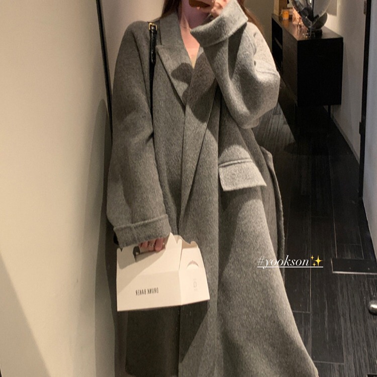 Black Brother's Same Style Korean High-Density Alpaca Wool Oversized Double-Sided Cashmere Coat for Women, Autumn and Winter Elegant Outerwear