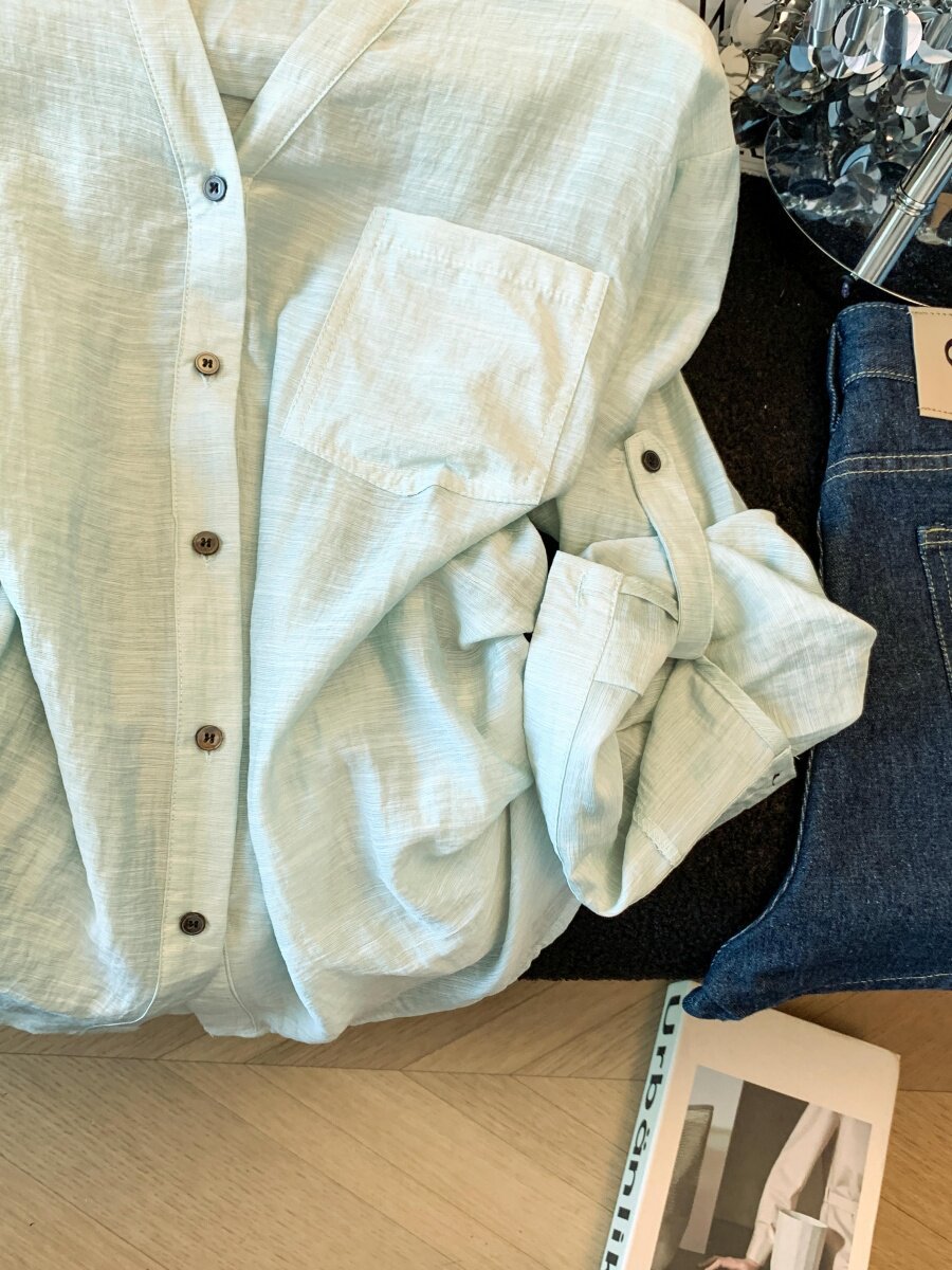 Áo sơ mi chống nắng nữ dài tay dáng rộng chất liệu linen thoáng mát — xanh lam chi tiết 9