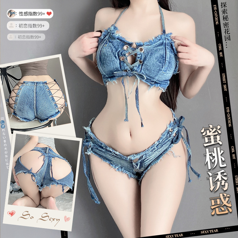 Lin Linting sexy underwear women's low waist open shorts sexy ripped denim shorts nightclub hot temptation underwear