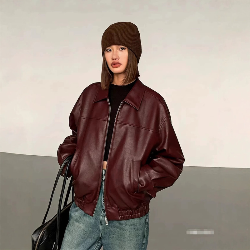 European and American Cross-Border Casual Loose Pu Leather Jacket for Women 2025 Autumn and Winter New Hong Kong Style Retro Biker Jacket for Women