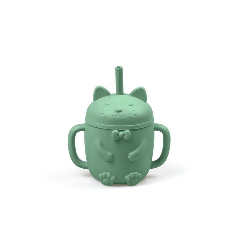 Cross-Border New Baby Cat Cup de silicona BPA GRATIS suplemento alimenticio taza de paja taza de bebida resistente a la caída gato de dibujos animados