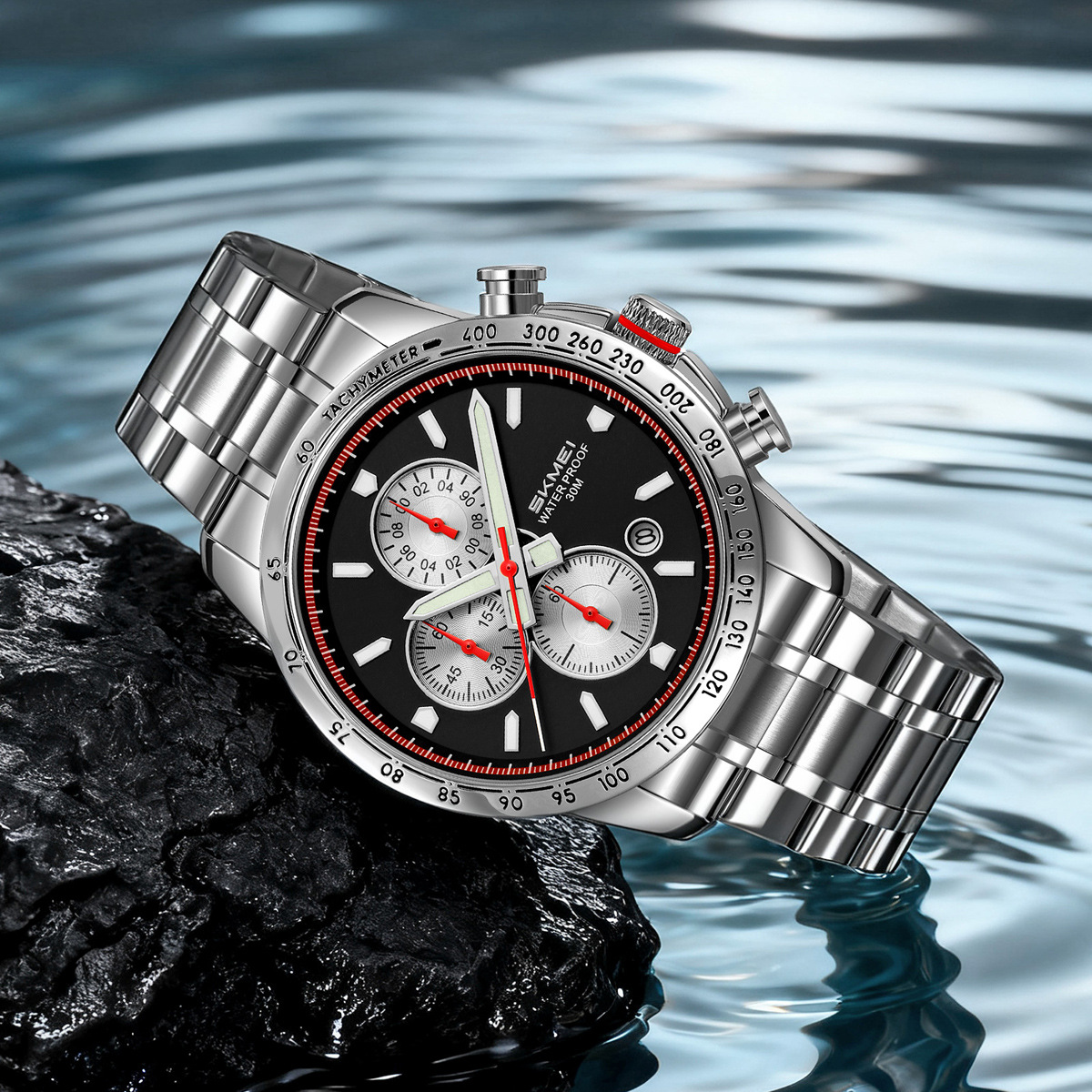 Momento de reloj de cuarzo cronógrafo multifuncional 30 metros relojes deportivos para hombres comercio exterior mayorista transfronterizo