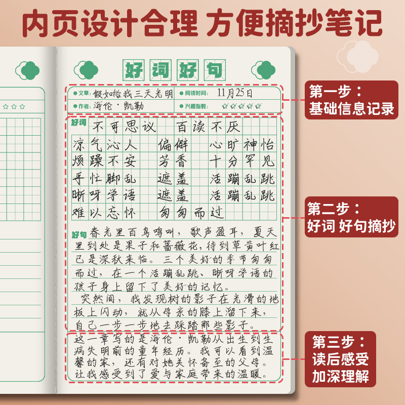 Good Words and Sentences Excerpts Special Reading Notebook for Primary School Students Reading Record Book Extracurricular Extracurricular Extracts Accumulation Book