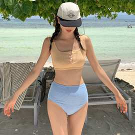 跨境批发韩版新款泳衣女小胸聚拢背心高腰三角裤拼色分体温泉海边