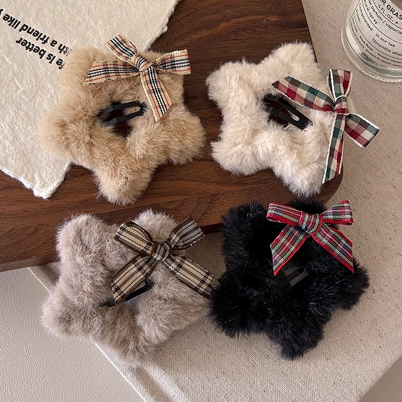 Arco de peluche estrella pentagonal clip de cabello frente lateral clip de frangeo detrás de la cabeza cabello roto BB tocado de invierno mujer