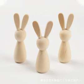 复古节木制兔子简约兔子桌面摆件实木儿童涂鸦彩绘玩具
