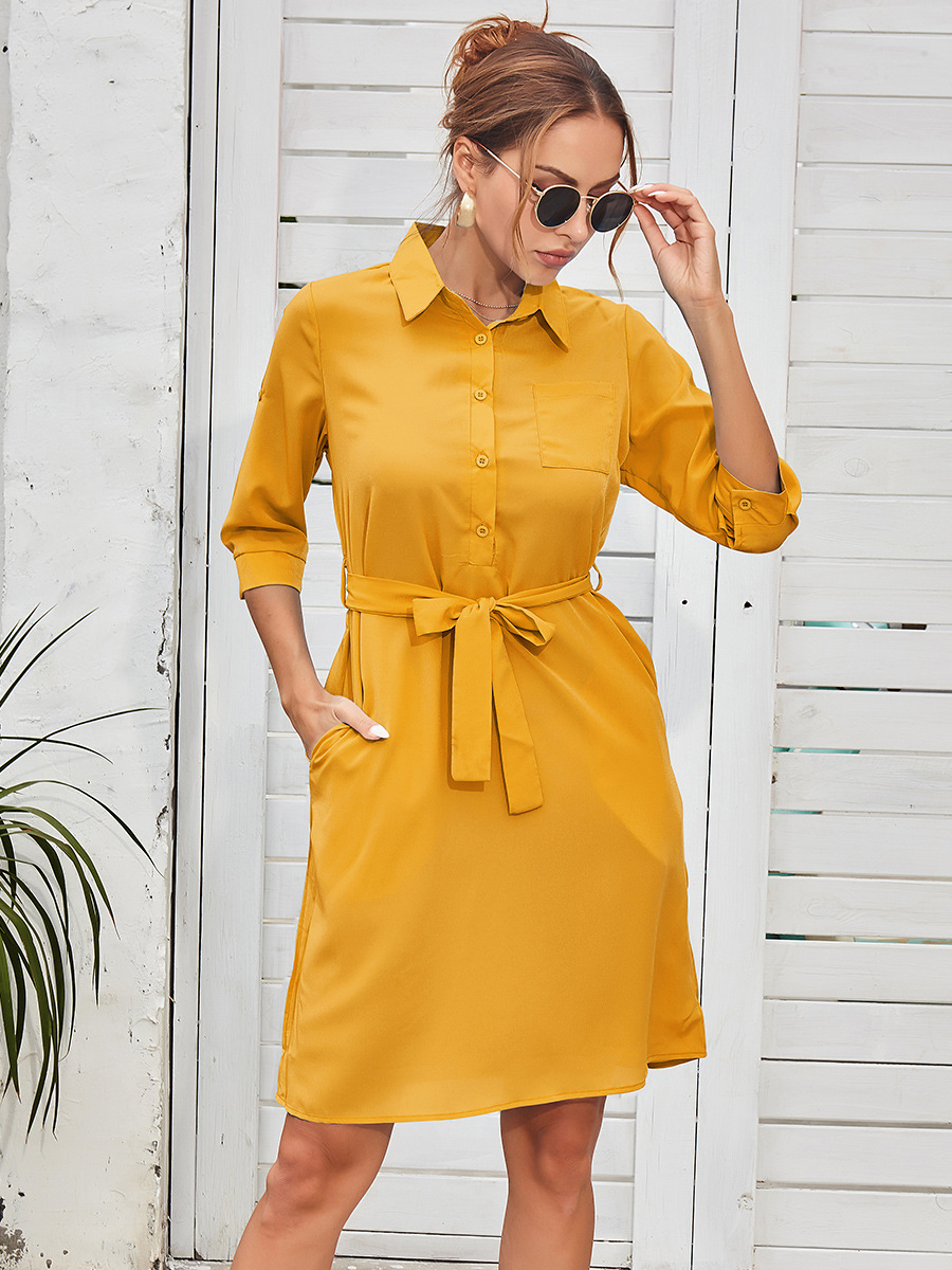 Belt Solid Color Shirt Dress NSAL48488