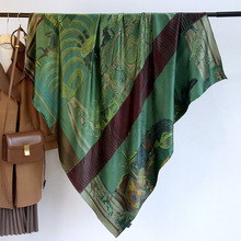 复古绿印第安人桑蚕丝围巾140重磅加厚素绉缎大方巾真丝丝巾秋冬