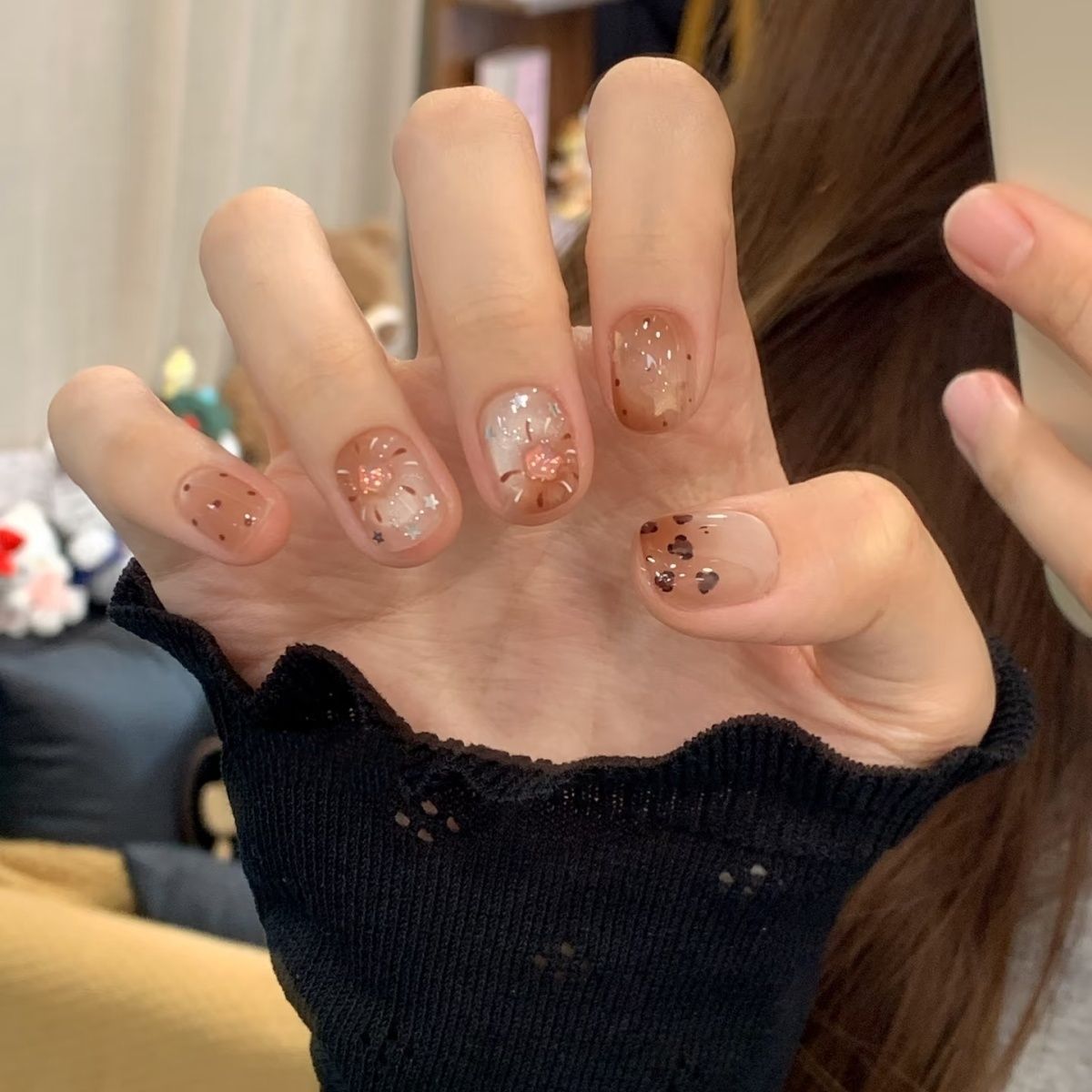 Otoño y invierno nuevo corto estampado de leopardo estrellas ojo de gato usar uñas de frijol, uñas de frijol blanquear parche de manicura al por mayor uñas