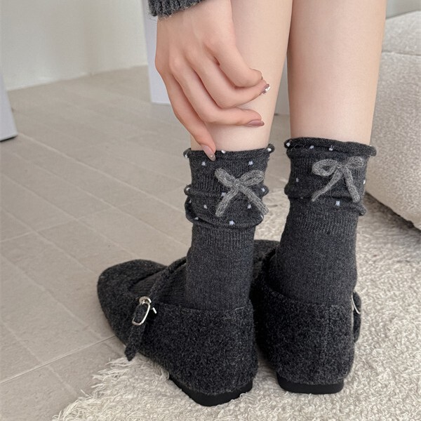 Solid Color Sweet Versatile Dotted Rolled-Edge Waist-Cinching Socks for Women, Pure Cotton Heel Rabbit Fur Bow Accessories Slouch Socks Solid Color Sweet Versatile Dotted Rolled-Edge Waist-Cinching Socks for Women, Pure Cotton Heel Rabbit Fur Bow Accessories Slouch Socks