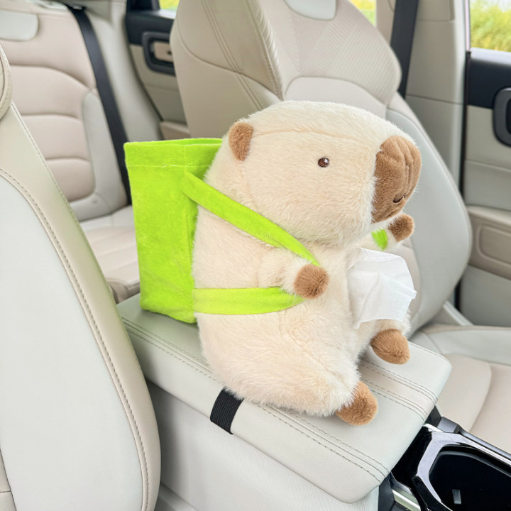 cartoon creative car use: Ka Pi Ba La Plush Tissue Box Car tissue box/set - capybara-back-bucket-beige-dual-use