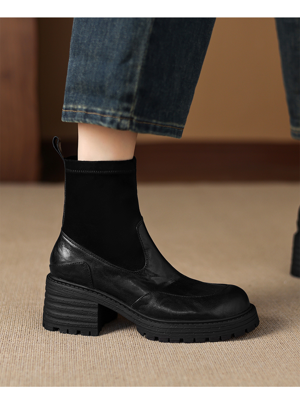 Boot cổ ngắn cao gót đế dày mũi tròn phong cách retro thu đông 2025, phối dệt kim, gót thô ôm chân — nhung đen, Nhung nâu, Lớp lót đơn màu đen, Lớp lót đơn màu nâu chi tiết 9