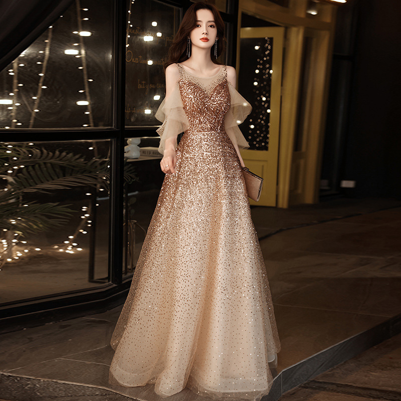 Gold Evening Dress for Women 2025 Spring New Style Elegant Elegant Banquet Celebrity Long Annual Meeting Host Dress