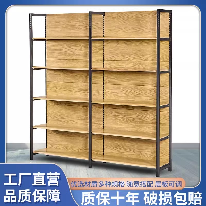 超市货架木纹转印四柱货架便利店母婴店文具店单面双面展示架货架