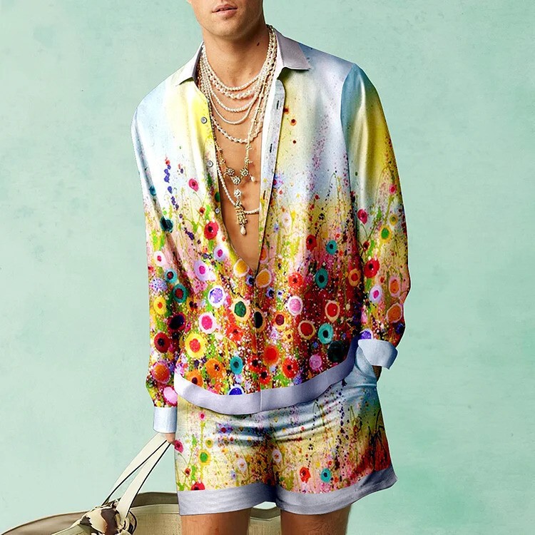 2024 spring and summer Amazon loose simple long sleeve shirt shorts men's four-sided elastic suit a custom 2024 spring and summer Amazon loose simple long sleeve shirt shorts men's four-sided elastic suit a custom