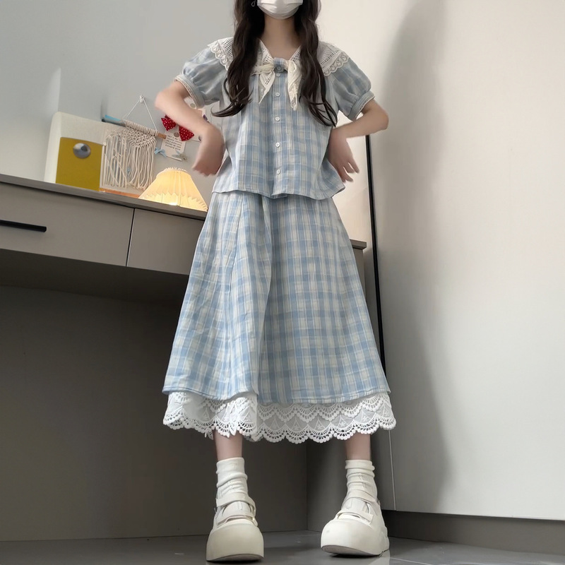 甜美小个子蓝色格纹泡泡袖花边领衬衫女+高腰a字裙两件套|undefined