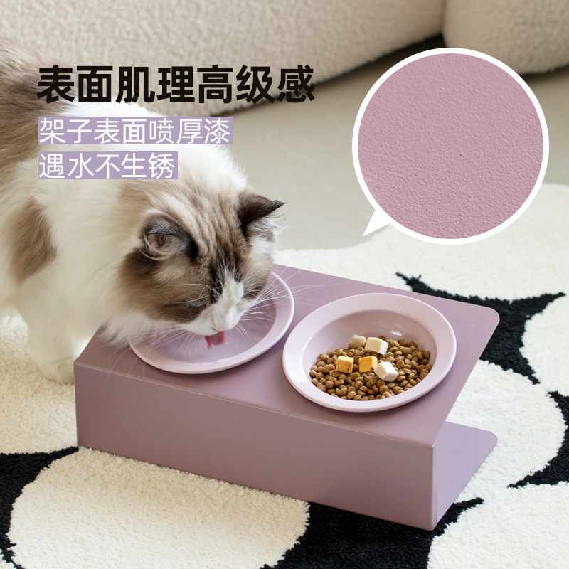 Cerámica oblicua doble tazón platillo volante sombrero de paja para mascotas gato tazón alto pie cervical soporte antidetonante comida para beber gato y perro tazón