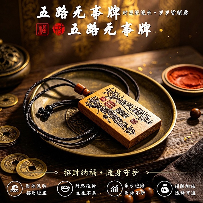 Five-Direction Safety Amulet, Lightning-Resistant Wooden Pendant, Traditional Chinese Style Wooden Carving Ornament, Portable Safety Amulet