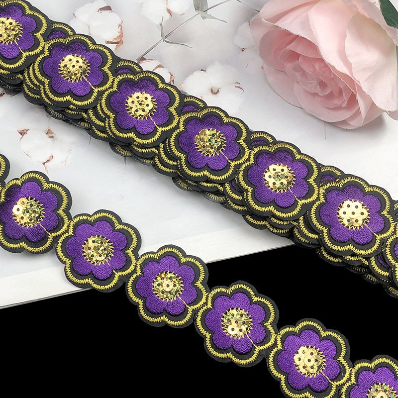 Encaje Bordado con Lentejuelas de Flor de 3.5 cm, Poliéster, Termoadhesivo, para Ropa