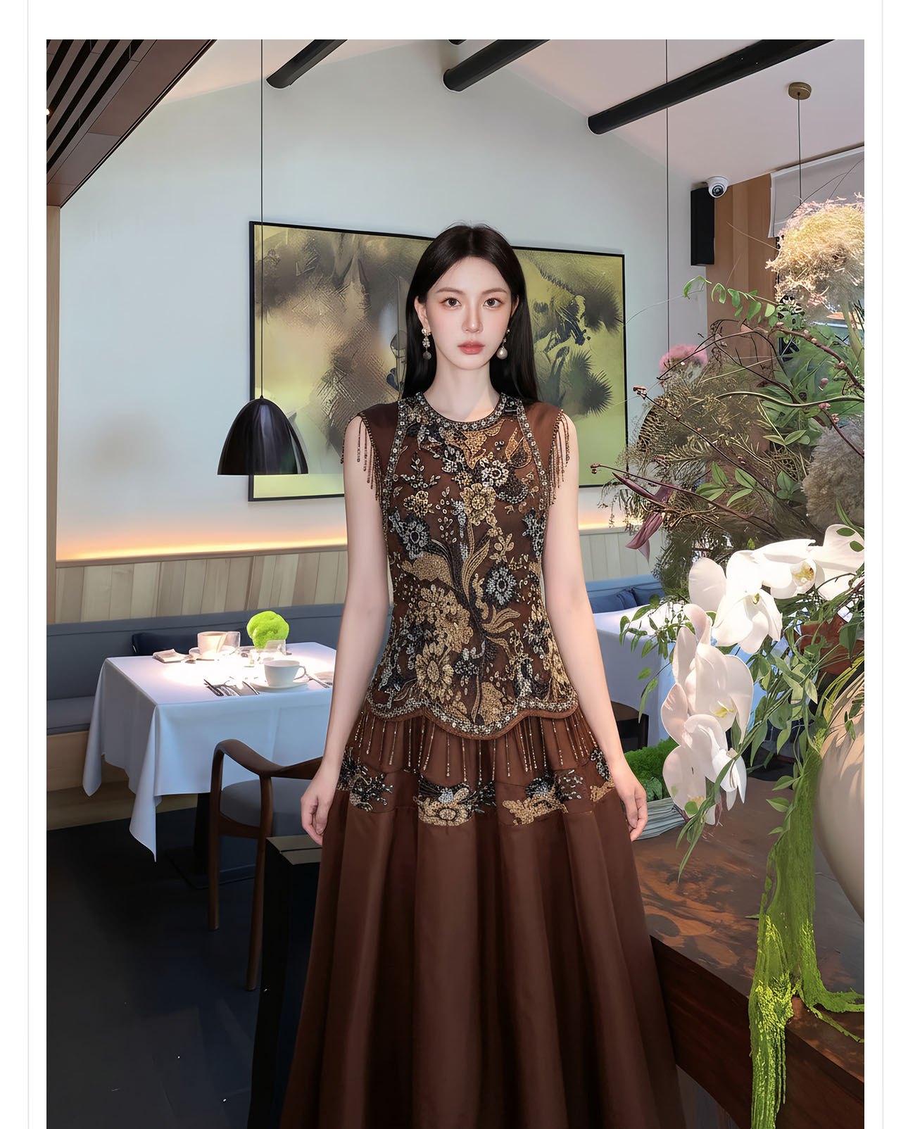 Đầm maxi nữ thắt eo phong cách Tân Trung Hoa, cổ tròn, đính cườm thêu ren, thiết kế vintage — Màu cà phê chi tiết 5