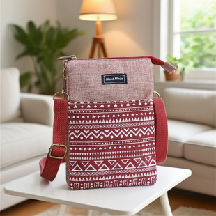 Ethnic White pattern 5-layer large screen crossbody Fabric mobile phone bag cosmetic bag fabric multi-layer Fashion Women's bag student small bag