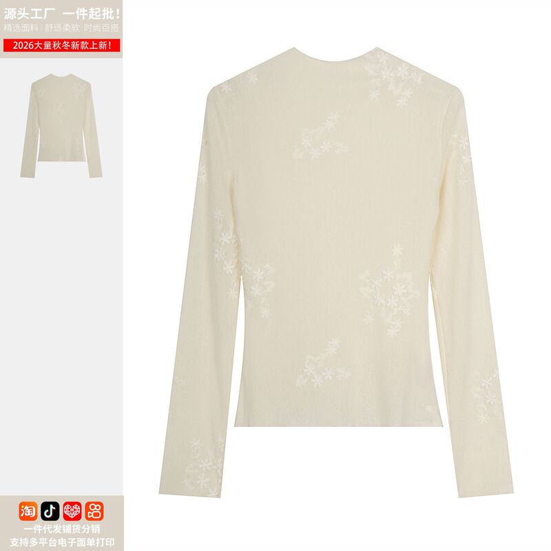 Korean-style floral embroidered jacquard half-turtleneck mesh lace long-sleeve T-shirt for women, autumn slim-fit top - direct from the manufacturer