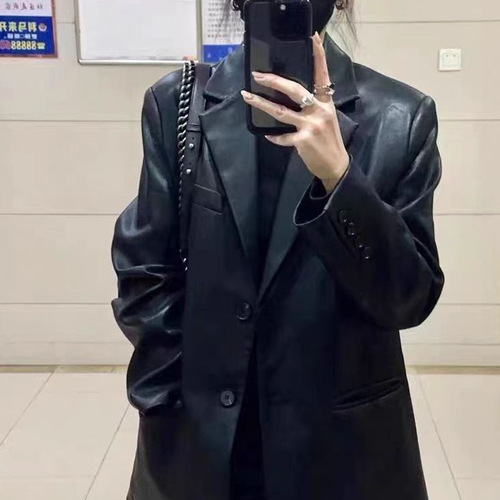 Women's Black Leather Jacket Suit Coat 2026 Spring Season Korean Version Fashion New Loose Elegant High-End Little Suit