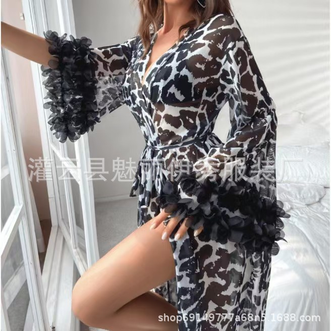 跨境housecoat新款浴袍欧美长款性感印花睡衣女士情趣内衣性感豹