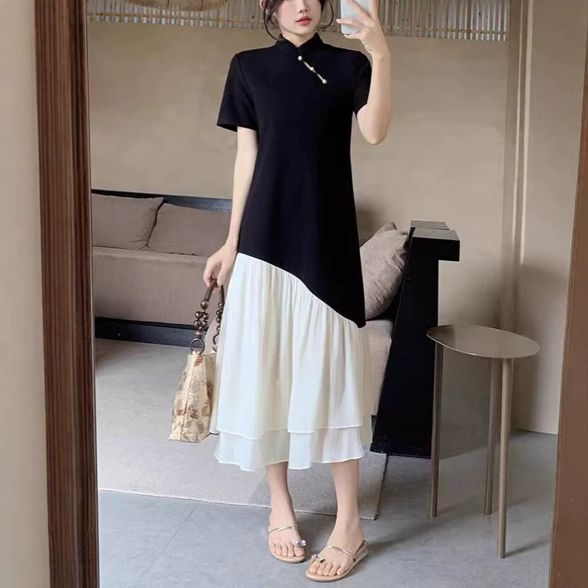 [Спот] Летняя новая слегка жирная мм юбка Новый китайский цвет контрастный средний длинный национальный стиль худое платье 5115