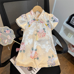 Girls' Dress, Little Girl, Chinese Style Cheongsam Dress, Summer 2024 New Arrival, Stylish Children's Bubble Sleeve Princess Dress