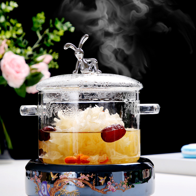 Olla de vidrio de borosilicato olla de sopa doméstica olla de estofado olla de fideos instantáneos de doble oreja olla de leche transparente olla de doble oreja