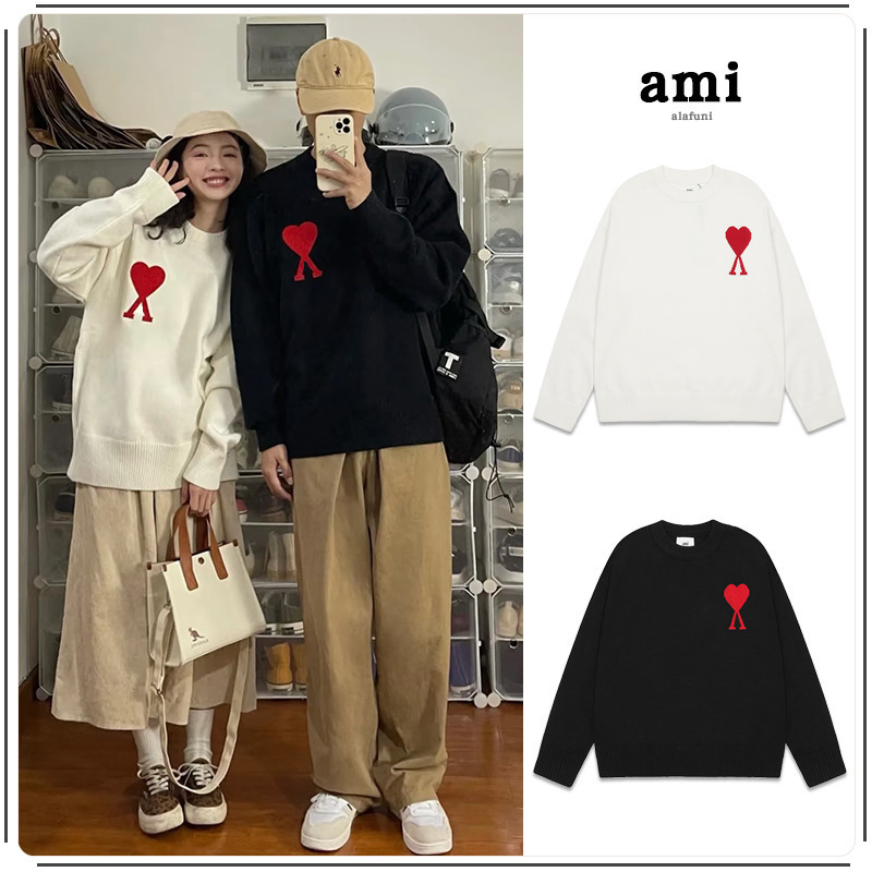 Ami Knitted Sweater Round Neck Big Heart Trendy Brand Female Couple Pure Cotton Sweater Top Long Sleeve 25 Years New Cross-Border Ami Knitted Sweater Round Neck Big Heart Trendy Brand Female Couple Pure Cotton Sweater Top Long Sleeve 25 Years New Cross-Border
