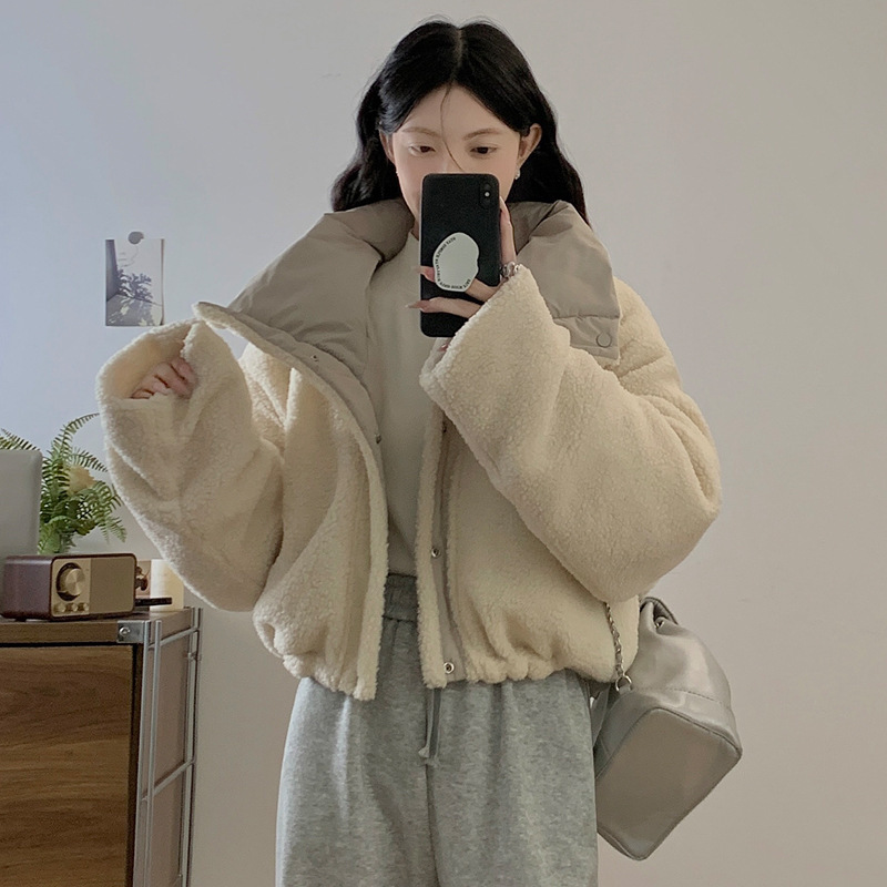 学院风翻领外套女韩版仿羊羔毛羽绒棉服宽松双面穿面包服外搭棉衣|undefined