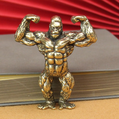 Brass Muscle Gorilla Sculpture Vintage Patina Pure Copper Gym Muscle Golden Gorilla Animal Desk Decor
